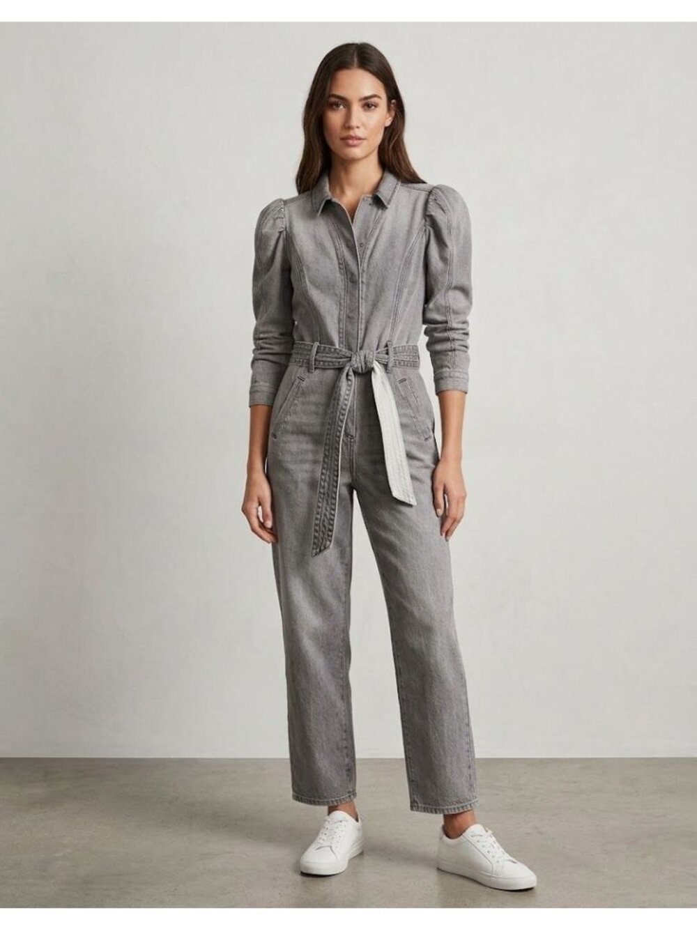 Express Womens 12 Gray Denim Jumpsuit Belted Wide Leg Long Sleeve Utility Cotton
